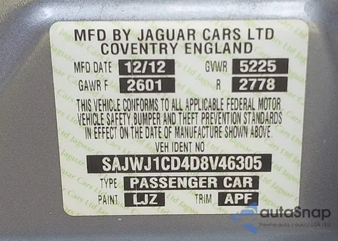 2013 Jaguar Xj из США, поврежденный, VIN SAJWJ1CD4D8V46305